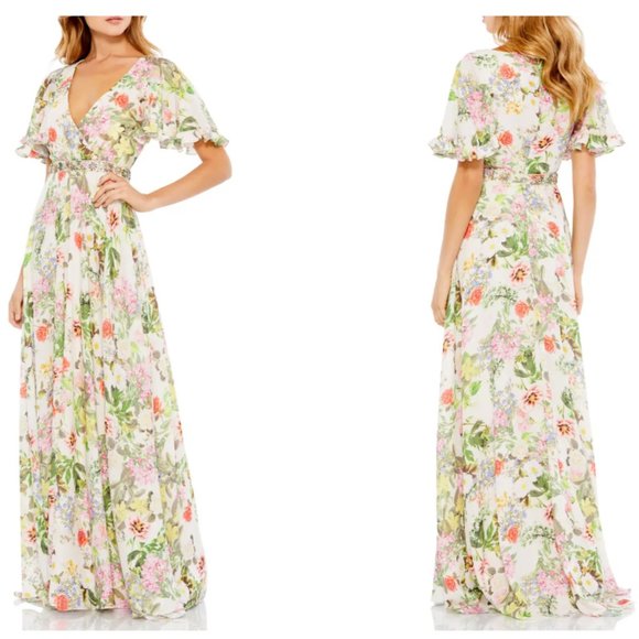 MAC DUGGAL FLORAL MULTI  PRINT FLUTTER SLEEVE EMBELLISHED WAIST GOWN sz 8 - Picture 1 of 7